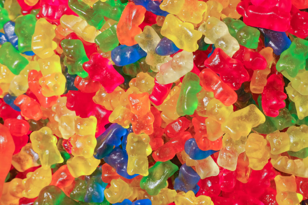 A colorful assortment of gummy bears in a close-up view.