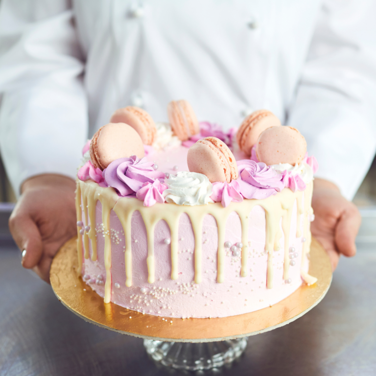 Perfectly decorated cake with macrons