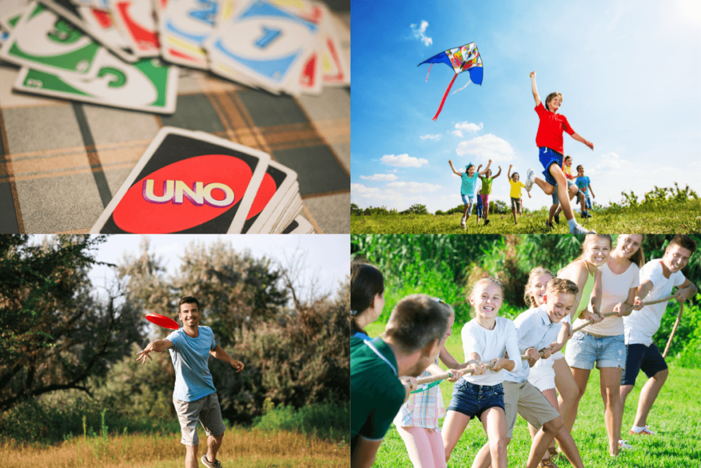 Kids playing different oudoor picnic party games and card games.