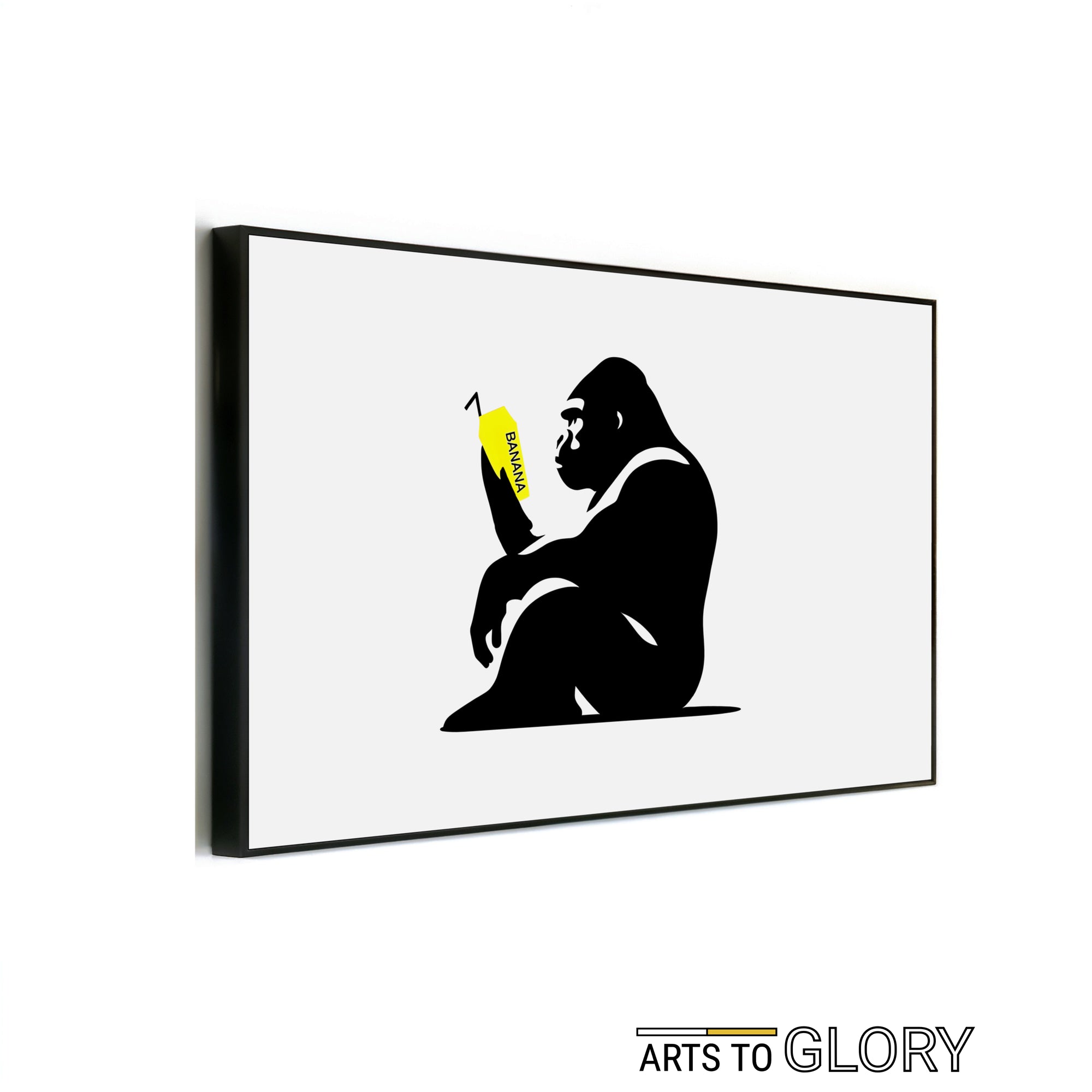 Striking digital artwork featuring a staring ape holding a vibrant yellow milkshake against a minimalist black-and-white background by Arts To Glory