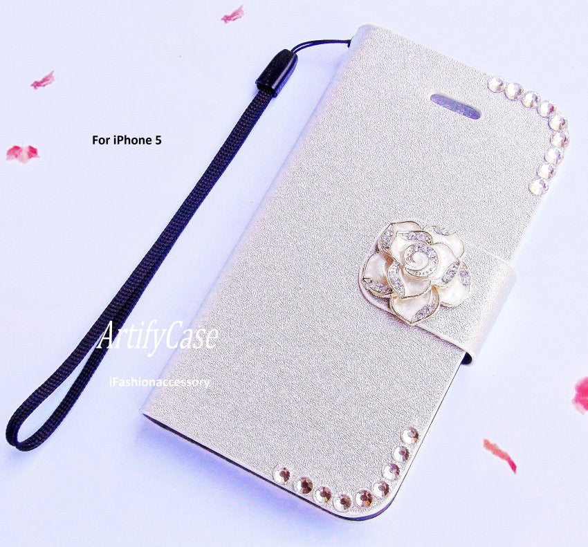 Silver 5 wallet, Floral iphone 5s pouch, Rhinestone phone iPhone flip case ArtifyCase