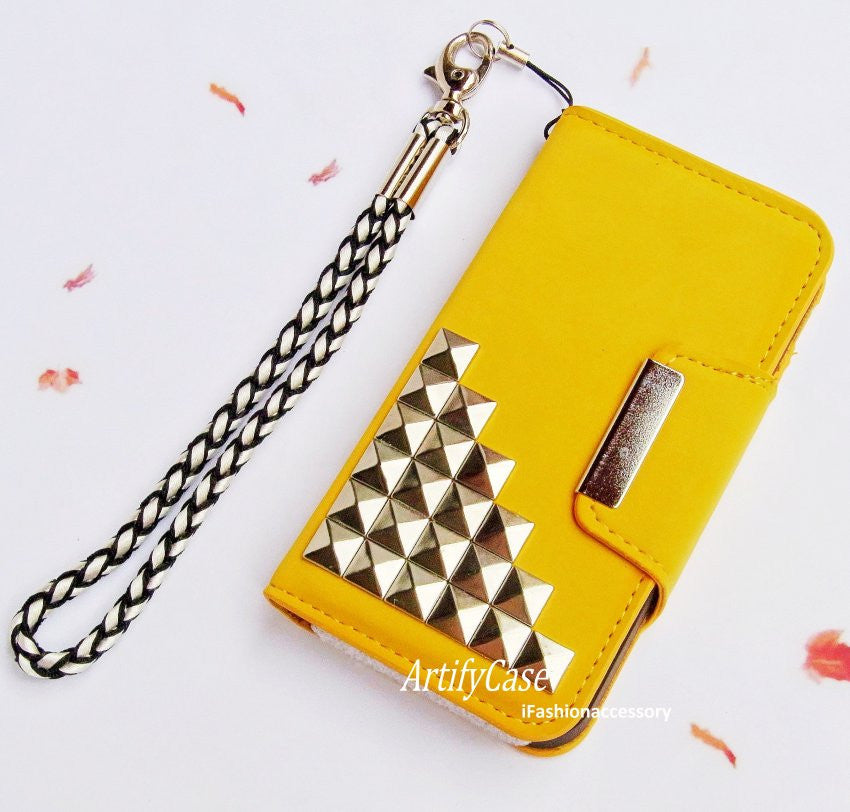 Yellow iphone 5 wallet case, iPhone 4 flip case, studded iPhone cover, iPhone 4s card holder – ArtifyCase