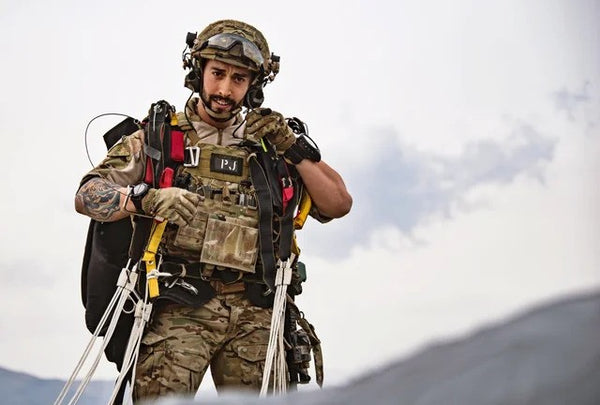 US Air Force Pararescueman during HALO jump