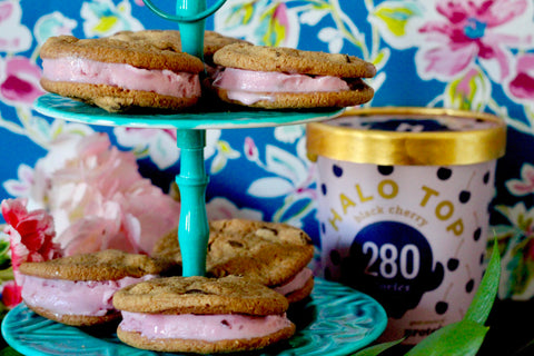 A two-tiered platter with ice cream sandwiches made with Halo Top ice cream and homemade cookies