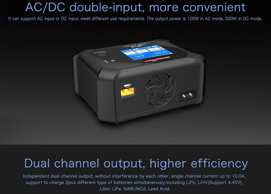 Ultra Power UP10 100 W / 200 W Dual-Port-Multi-Chemistry-AC / DC-Ladegerät