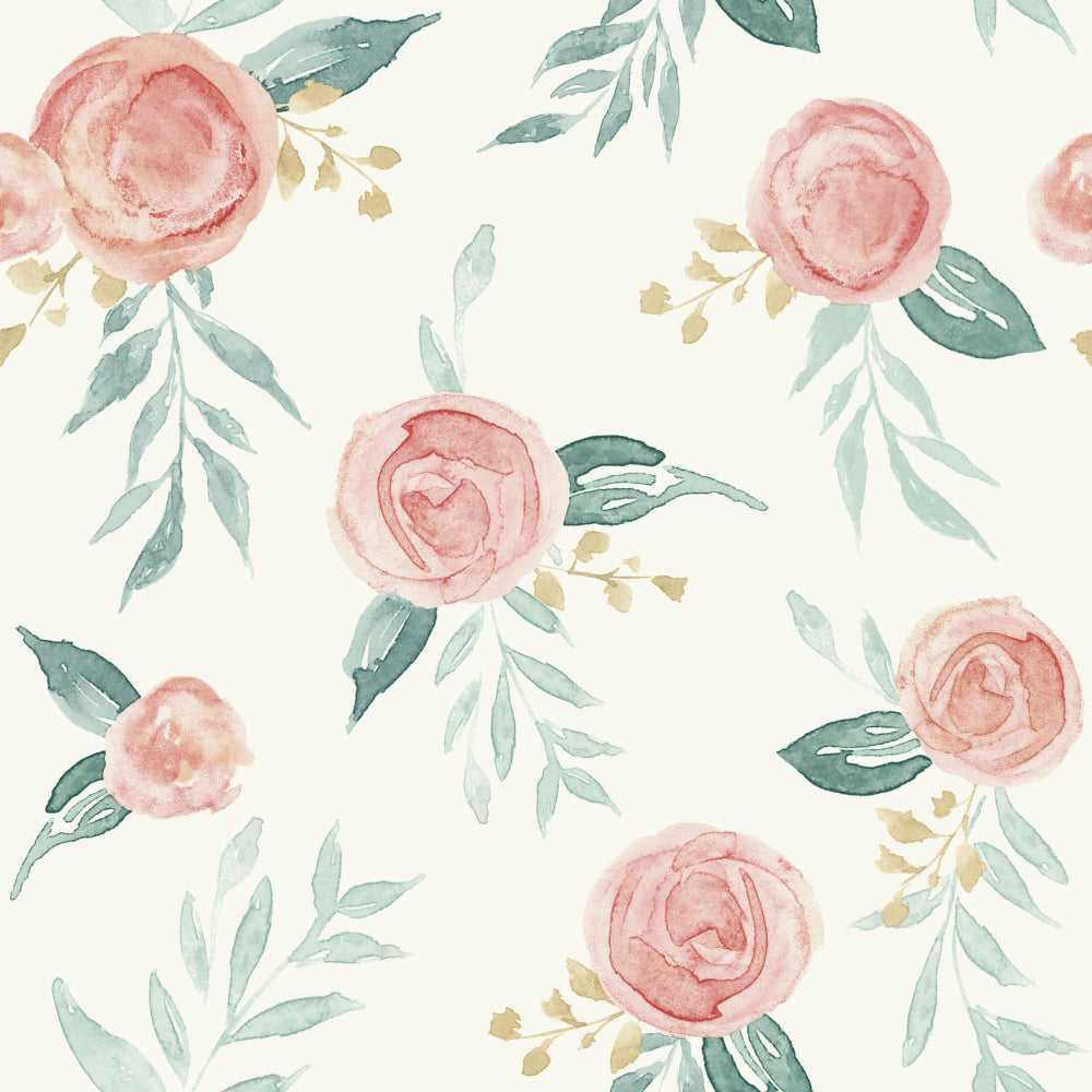 Magnolia Home Watercolor Roses Wallpaper - Red Coral