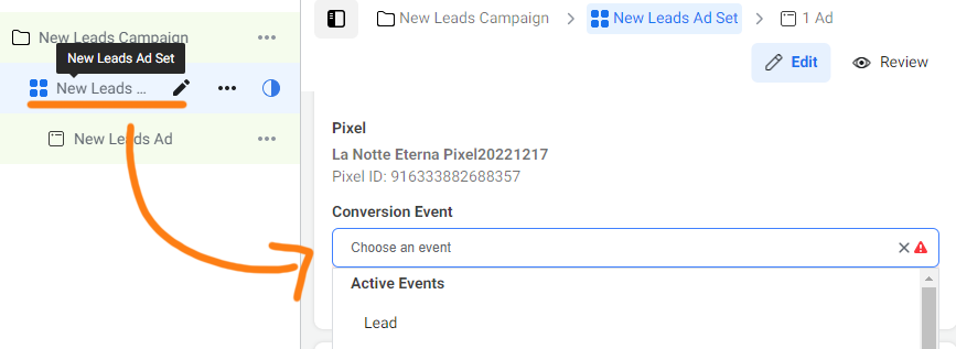 Selecting the Conversion Event in Facebook Ad Editor