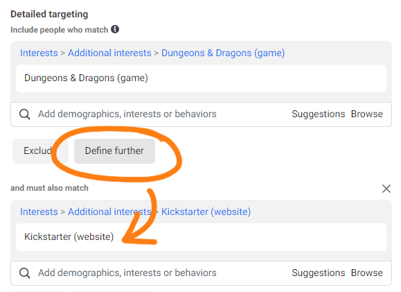Detailed interest targeting in Facebook Ad Manager for Kickstarter ads