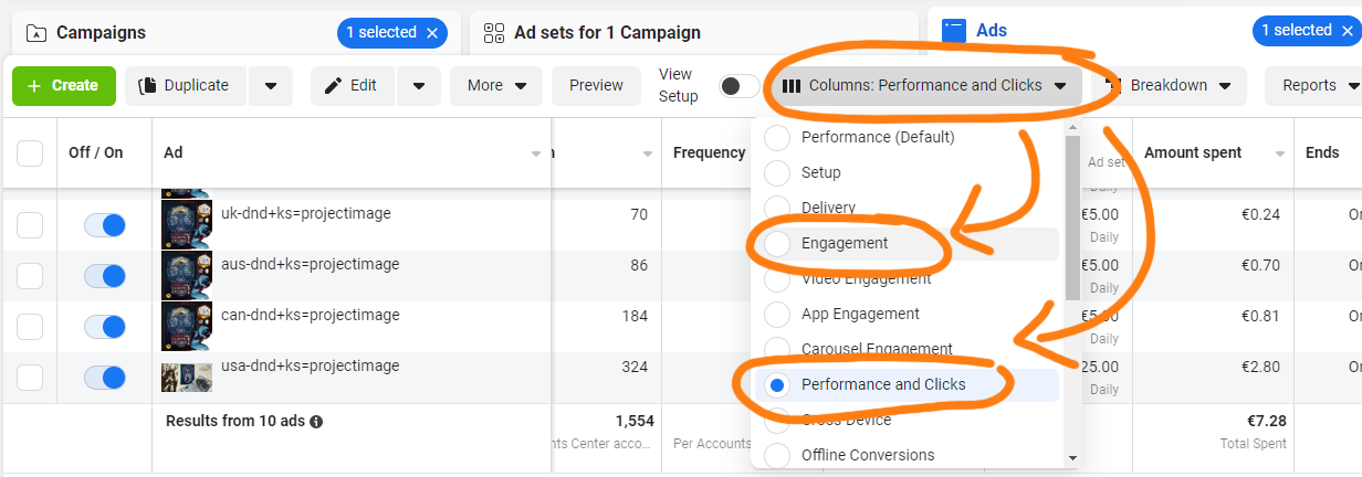 Customizing columns in Facebook Ad Manager Dashboard