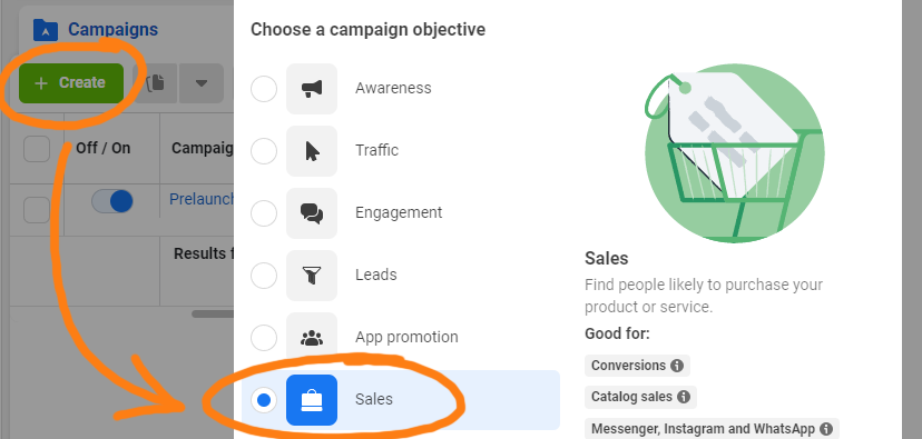 Creating a new Sales Campaign in Facebook Ad Manager
