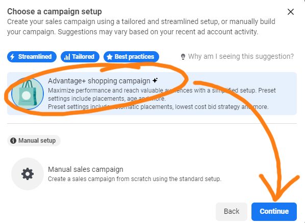 Selecting the "Advantage+ Sales Campaign" option when setting up a new Facebook Ad Campaign