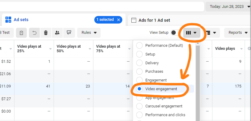 Viewing video performance in Facebook Ad Manager