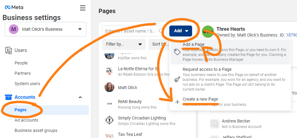 Click "Pages" and then the blue "Add" button to create a page in Facebook Business Settings