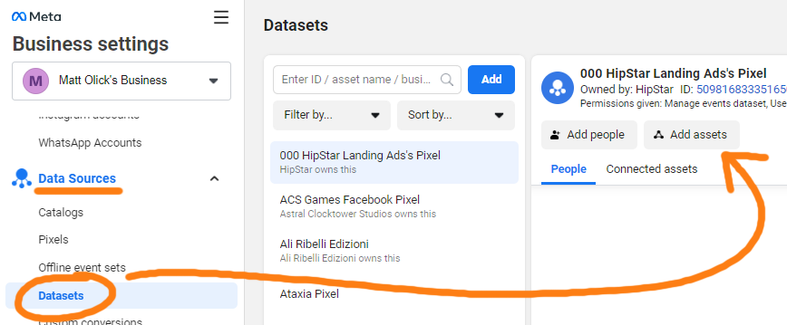 Connect the Pixel Dataset to the Ad Account by going to "Data Sets" and then press "Add Assets"