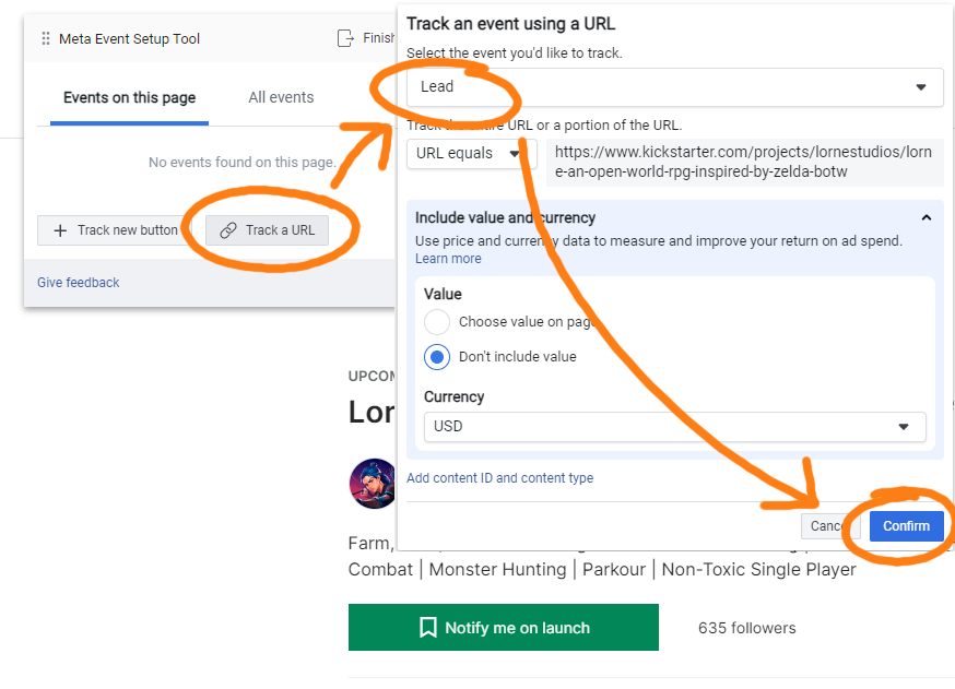 To track when Kickstarter users log in after seeing a Kickstarter Follower ad, use the "Track URL" option in the Event Setup Tool.