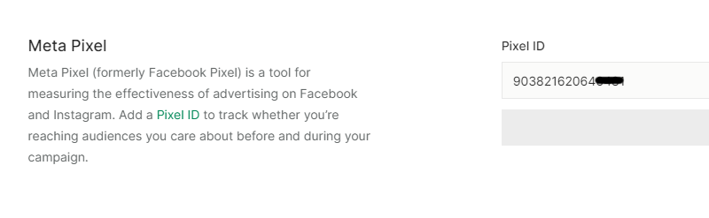Meta Pixel field on Kickstarter, where you can insert the Facebook Pixel ID