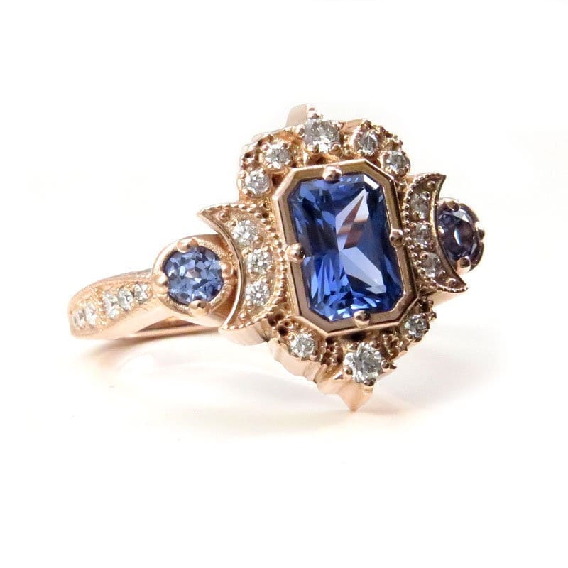 Chatham Sapphire Radiant Selene Triple Moon Engagement Ring - Diamonds and Radiant Cut Blue Chatham Sapphires - 14k Rose Gold
