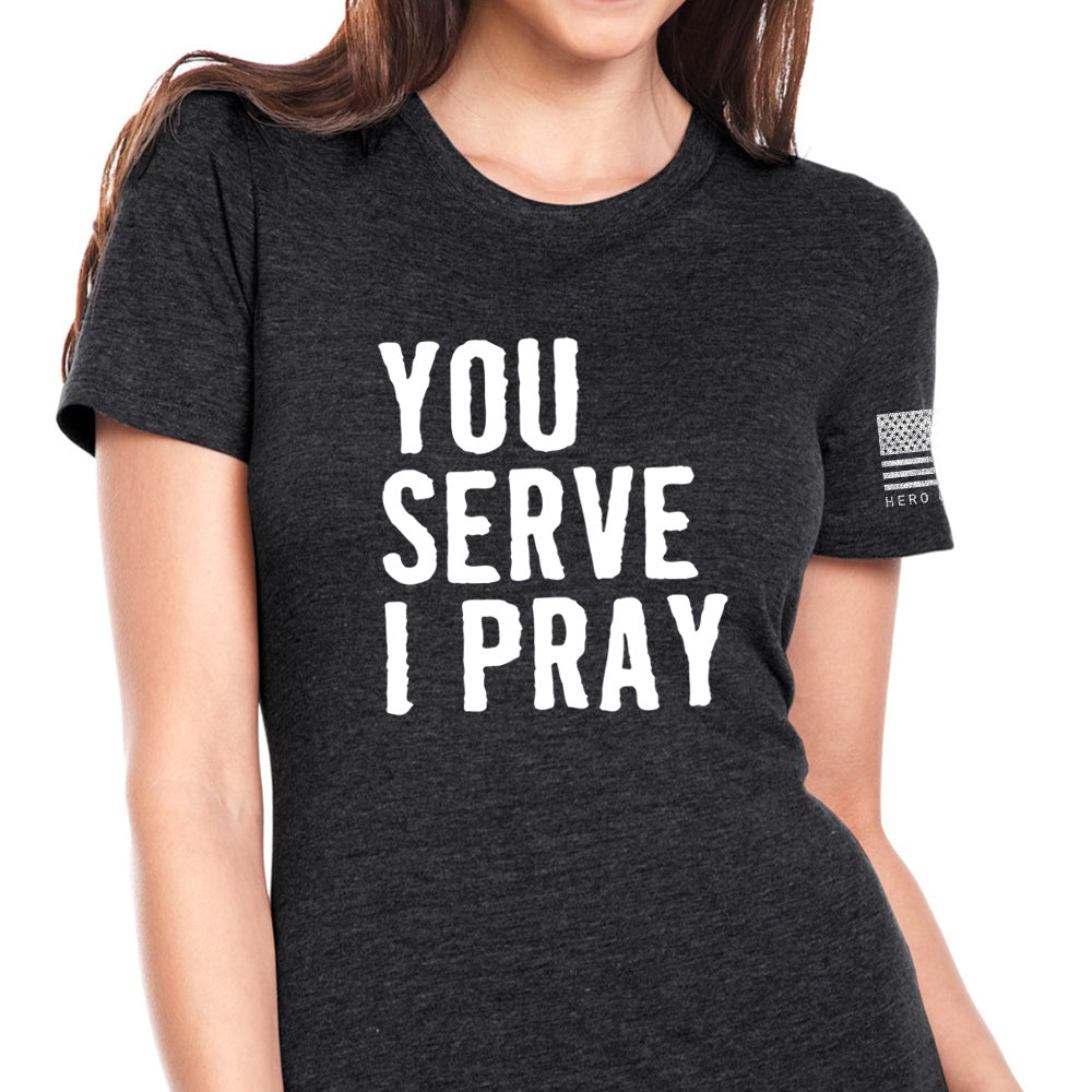 Almost sold out - size M still available ! Hero Company - You Serve I Pray Women's Tee: Helps Pair Veterans With A Service Dog or Shelter Dog