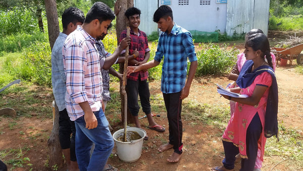 a group of 7 people standing around a bucket, the bucket contains a water activation of a biodynamic preparation. One person is stirring it with a stick