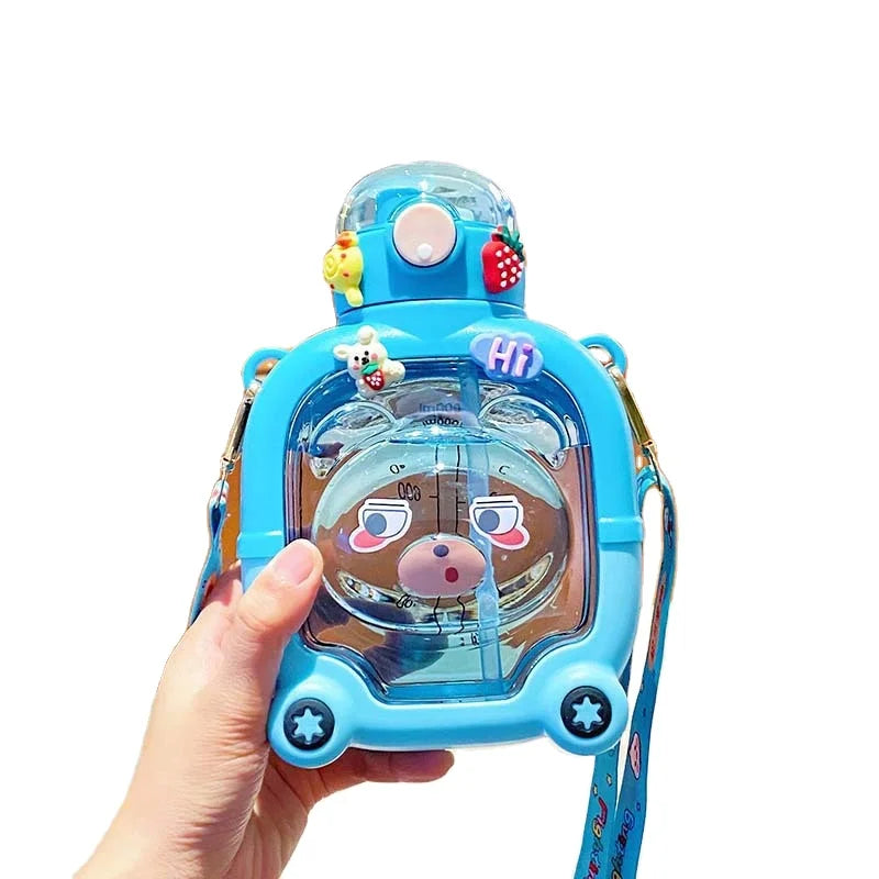 Bouteille d'eau pour enfants de 1000 ml avec motif ours – Grande capacité, paille intégrée, bouteille portable en plastique