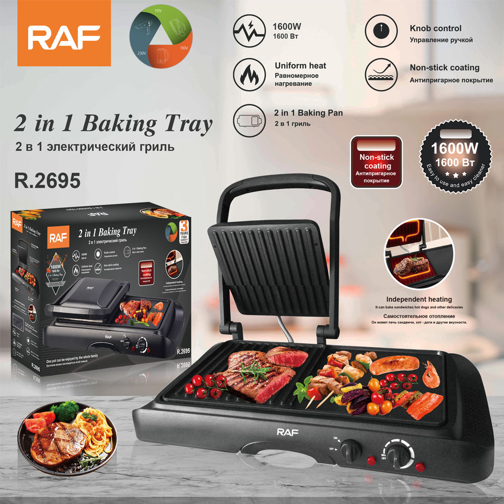 RAF Household Nouveau Multifonctionnel Anti-Adhésif Panini Grill Maker 1600W 2 en 1 Plaque de Cuisson