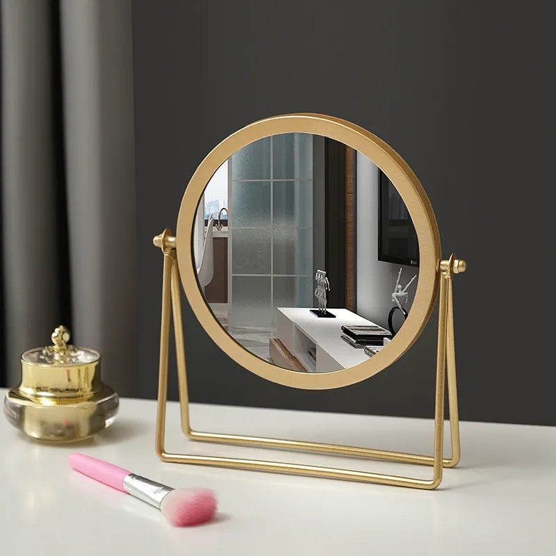 Miroir de Maquillage de Bureau en Fer Or , Miroir de Coiffeuse Rotatif Portable pour Étudiant avec Support