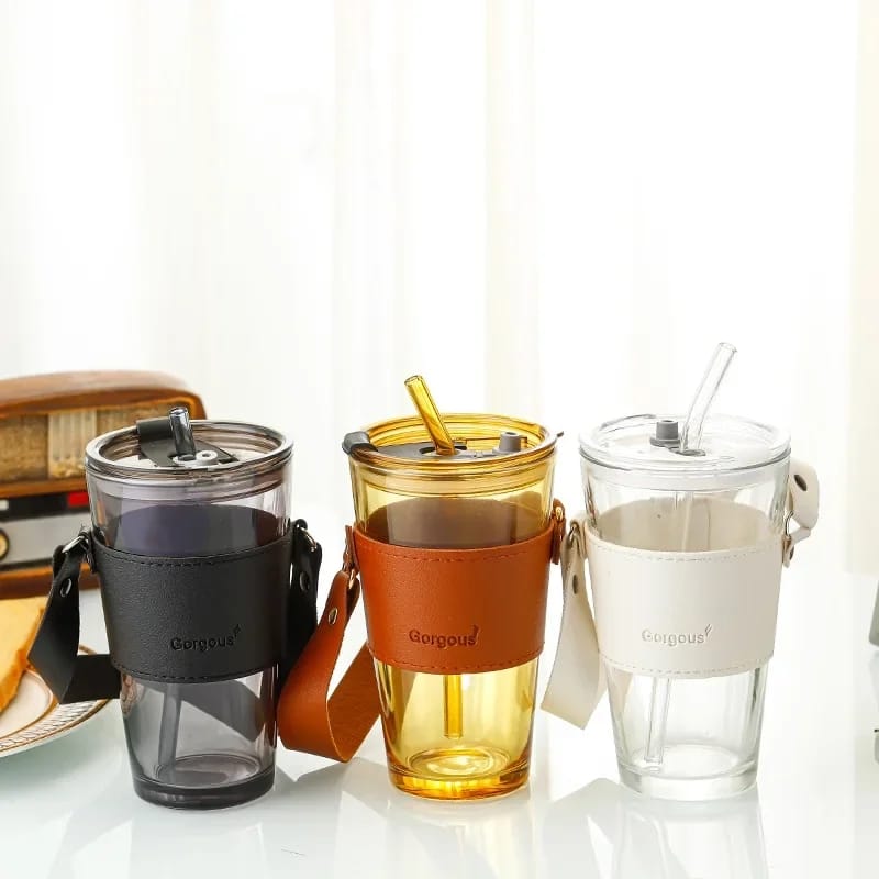 Tasse en Verre Portable de 450ml avec Couvercle et Paille