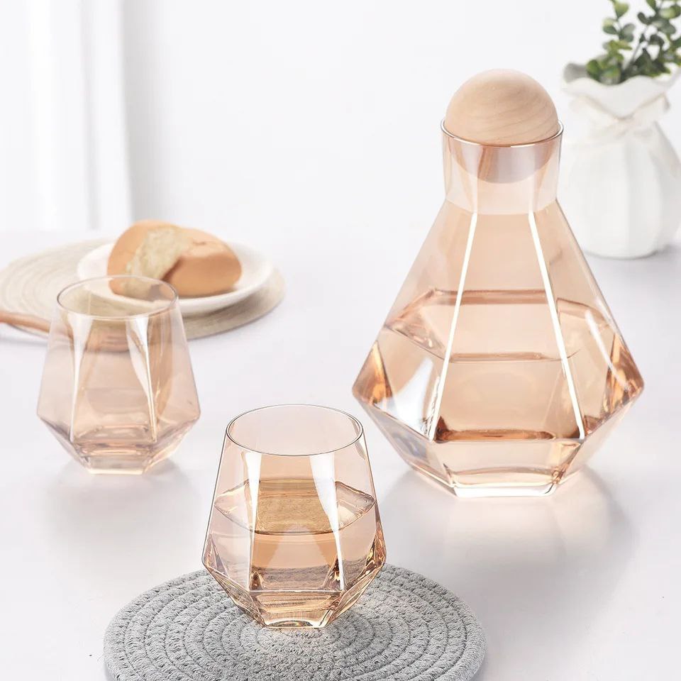 Ensemble de Carafe en Verre avec Couvercle en Bois - 7 Pièces