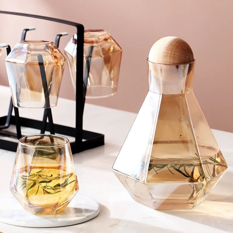 Ensemble de Carafe en Verre avec Couvercle en Bois - 7 Pièces