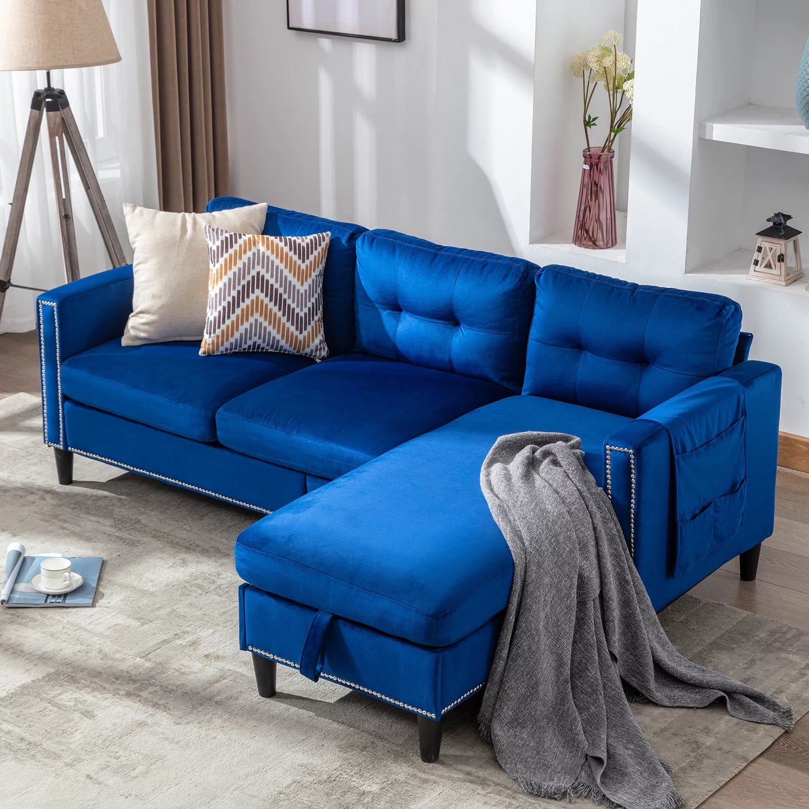 COSVALVE 78" L Shaped Sectional Couch Velvet Combination Sofa with USB, Removal Ottoman, Pocket Storage (Blue)