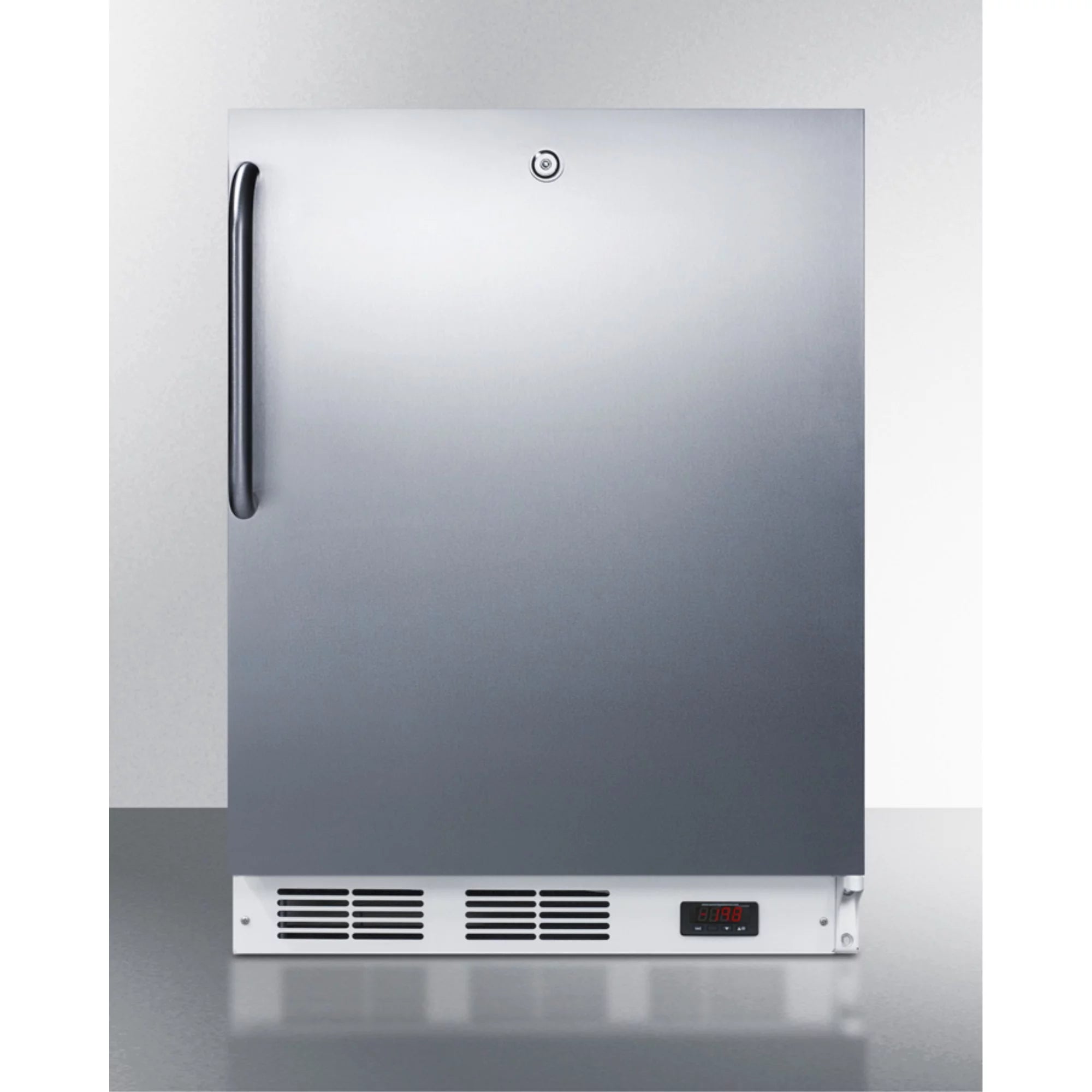 ADA compliant built-in medical all-freezer capable of -25 C operation, with lock, stainless steel door, towel bar handle, and white cabinet