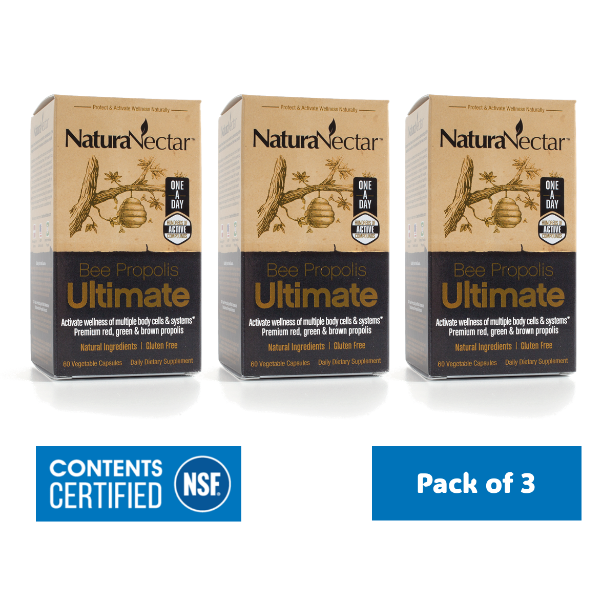 Bee Propolis Ultimate(TM) 60 Veggie Capsule BUNDLE | NSF Contents Certified | Exclusive Extracts from the 3 Types of Brazilian Propolis | Balanced Multi-Propolis Formula | Pack of 3