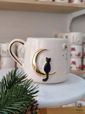 Handmade Celestial Cat Mug - 10oz with Gold Handle - Enjoy Ceramic Art