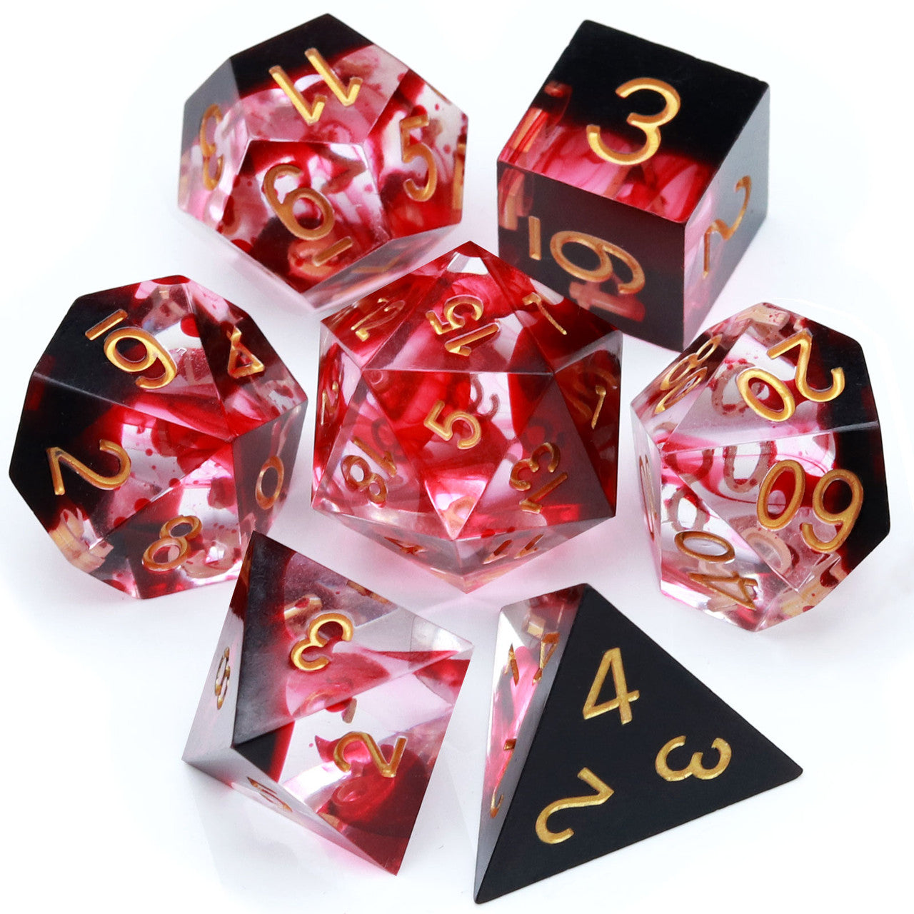 red blood swirl sharp edge dice set with dice case