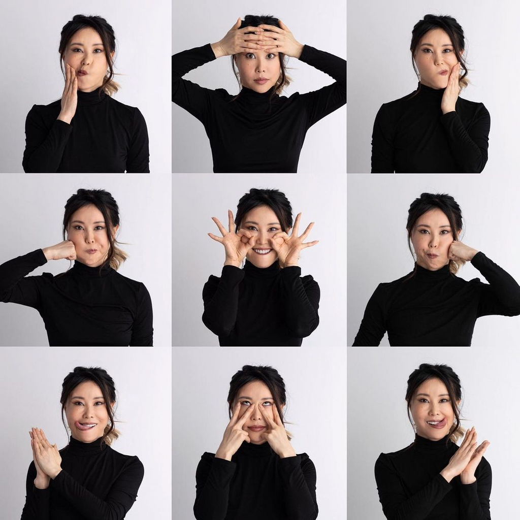 Koko showcasing facial exercises, demonstrating techniques and movements designed to strengthen facial muscles and promote a youthful appearance