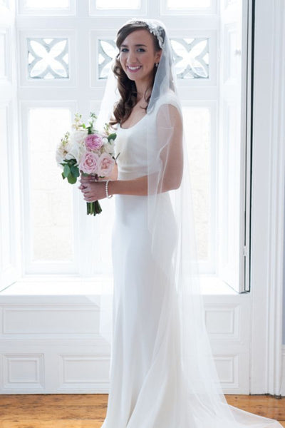 A chapel length veil goes with pretty much all dress styles, including our slinky wedding dresses