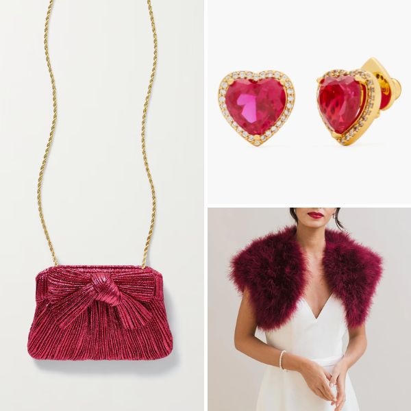 Pantone colour of the year 2023: Wedding day accessories in magenta including a bag, earrings and bolero