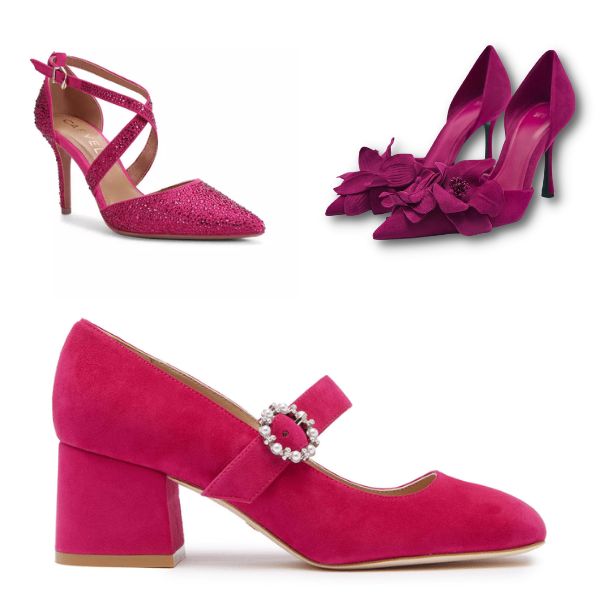 Pantone colour of the year 2023: Wedding shoe inspiration illustrated with three pairs of magenta shoes