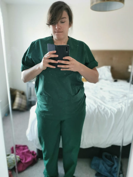 NHS doctors wearing scrubs made by Sabina Motasem