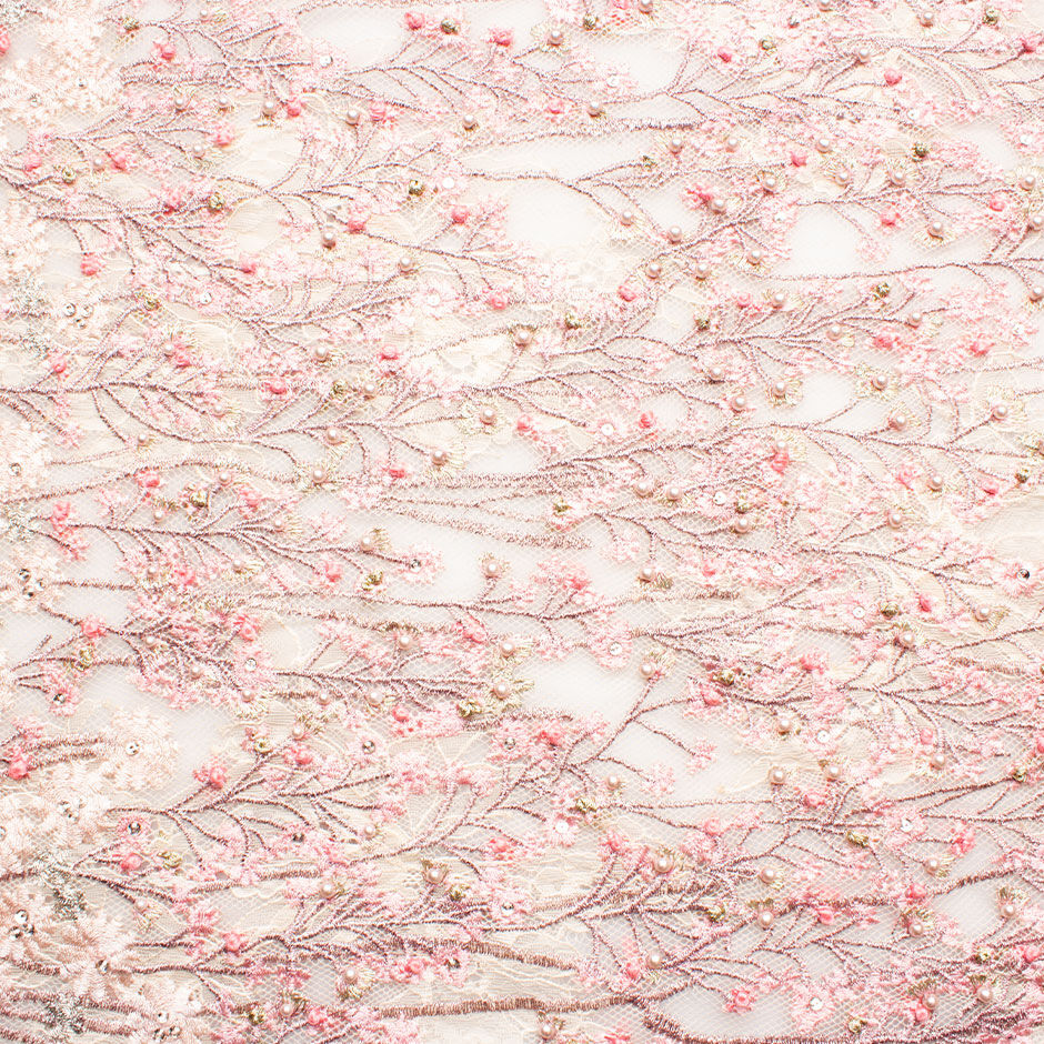 Pink Floral & Pearl Embellished Nude tulle