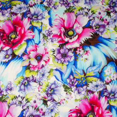 Floral Border Printed Silk Crepe de Chine - Pale Blue/Green/Purple