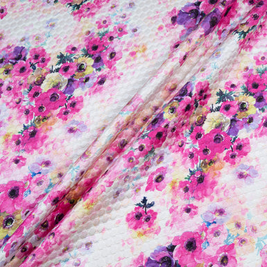 Teal & Lilac Floral Printed Cotton Blend Cloqué