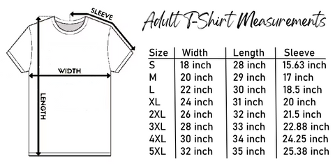 Adult T-Shirt Measurements Diagram and Specifications