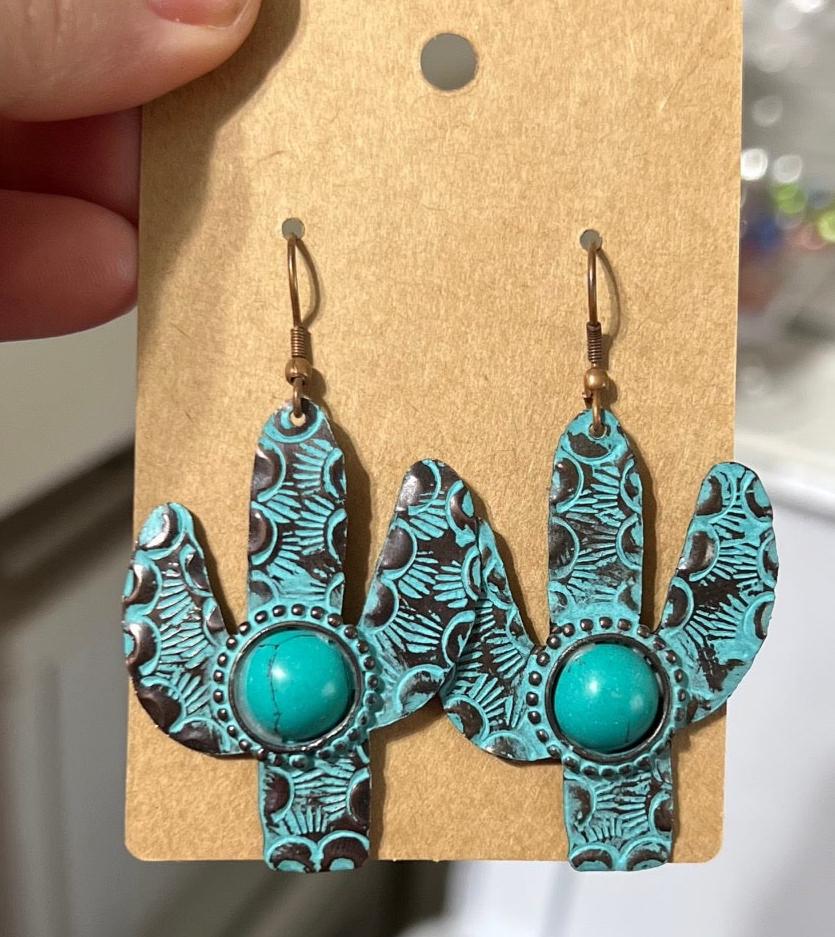 Patina Copper & Turquoise Cactus Earrings on Hooks