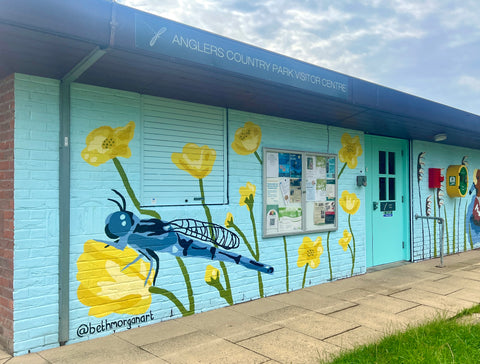 A close up of a dragonfly painting on a mural by Beth Morgan