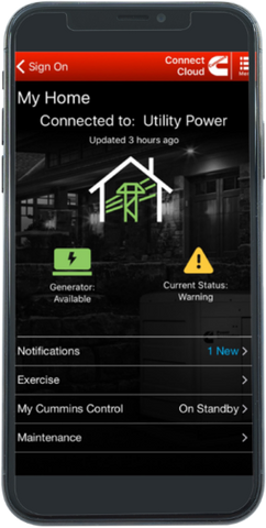 View of Cummins app on smartphone for generator monitoring and control