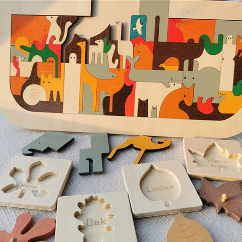 Montessori Wooden Noah's Ark Puzzle and Leaf Puzzles Set