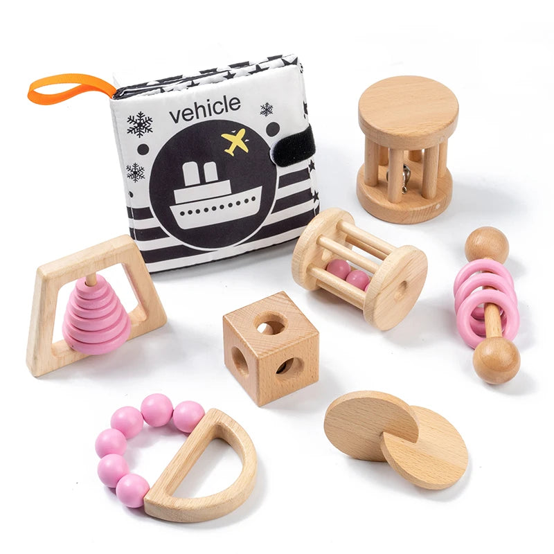 Montessori Wooden Baby Rattle Set with Soft Sensory Book