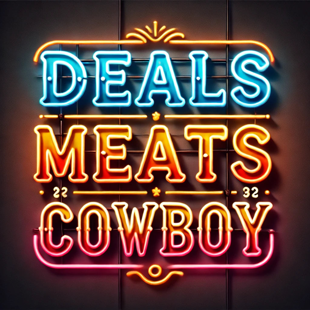 Neon sign that says deals, meats, cowboy