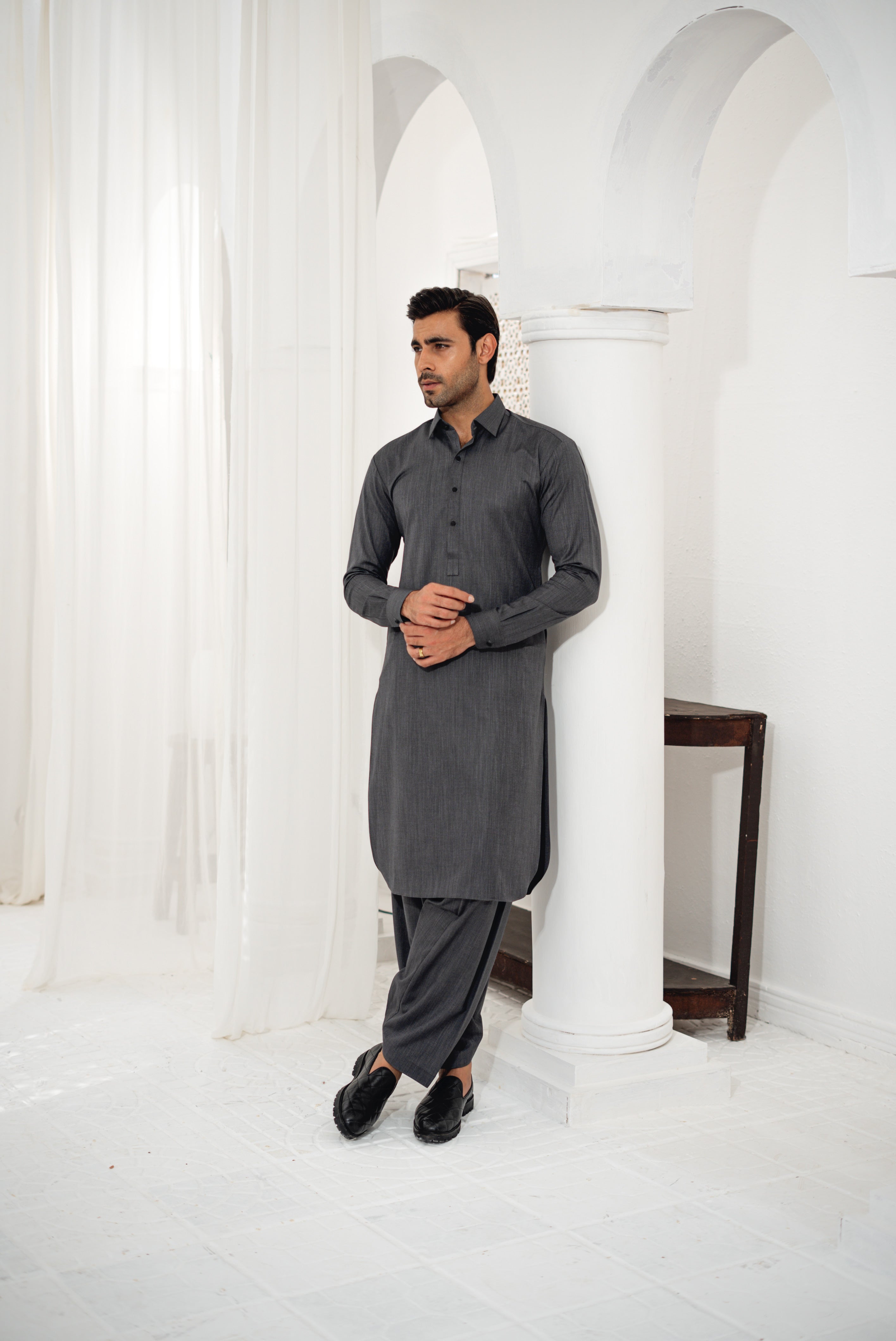 Dark Grey Kameez Shalwar